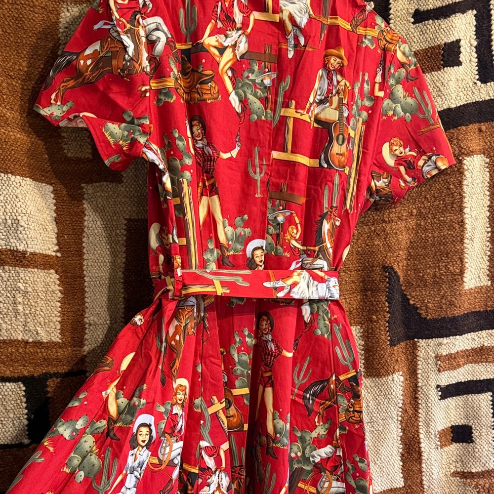Retro Inspired Western Cowgirl Red Patterned Women's Dress 🌵 - Picture 5 of 7
